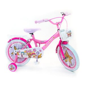 81635-IT LOL Surprise 16 inch meisjesfiets met roze frame, witte gesloten kettingkast en felroze zijwielen.