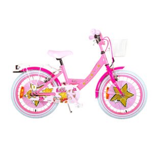 LOL Surprise 16 inch meisjesfiets met roze frame en vrolijke stickers.