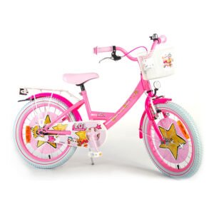 LOL-Surprise 18 inch meisjesfiets met roze frame en leuke stickers. Zonder zijwielen.