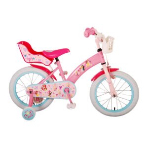 16 inch meisjesfiets met een roze frame en leuke Disney prinsessen stickers. Licht blauwe velgen en zijwielen.
