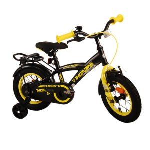 21176 Thombike 12 inch jongensfiets met zwart frame en gele accenten.